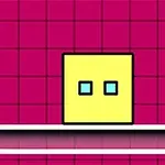 핑크 그리드 배경에 노란색 정사각형과 작은 파란색 사각형 두 개가 있는 이미지