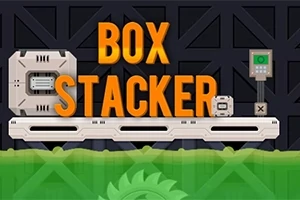 검정 배경 위에 BOX STACKER라는 큰 주황색 글자가 있으며, 컨베이어 벨트와 작은 상자들이 있다