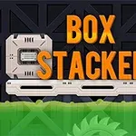 검정 배경 위에 BOX STACKER라는 큰 주황색 글자가 있으며, 컨베이어 벨트와 작은 상자들이 있다