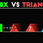 녹색 상자와 빨간색 및 파란색 삼각형들이 검은색 배경에 있는 모습