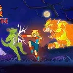 한 소년이 어두운 숲에서 녹색 몬스터와 싸우고 있으며, 배경에 큰 사자형 생물이 있다