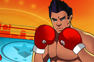 복싱 글러브를 끼고 있는 만화 스타일의 남성 캐릭터가 링에서 포즈를 취하고 있다