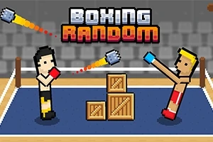 픽셀 아트 스타일의 게임에서 두 복서가 링 위에서 날아오는 펀치를 주고받고 있으며, 가운데에 나무 상자가 놓여 있다