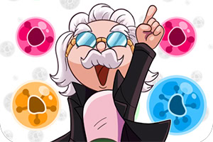 안경을 쓴 캐릭터가 손을 들고 있는 모습과 다양한 색상의 원형 배경들