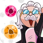 안경을 쓴 캐릭터가 손을 들고 있는 모습과 다양한 색상의 원형 배경들