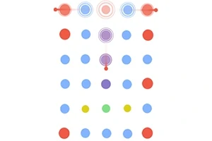 다양한 색의 점들이 격자 형태로 배열되어 있으며, 상단 중앙에 빨간색, 파란색, 보라색 원들이 강조되어 있다