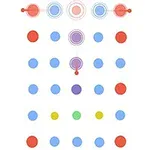 다양한 색의 점들이 격자 형태로 배열되어 있으며, 상단 중앙에 빨간색, 파란색, 보라색 원들이 강조되어 있다