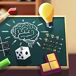초록색 칠판에 그려진 두뇌 그림과 책상 위의 연필, 전구, 주사위, 퍼즐 조각이 있는 이미지