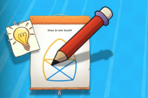 커다란 연필이 매달린 종이에 그려진 도형 위에 겹쳐져 있으며, 왼쪽에는 전구 그림이 그려진 메모가 있는 모습