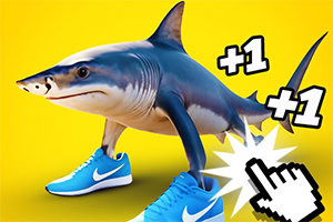 파란색 운동화를 신은 상어가 밝은 노란색 배경 위에 서 있는 모습