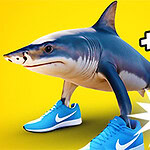 파란색 운동화를 신은 상어가 밝은 노란색 배경 위에 서 있는 모습