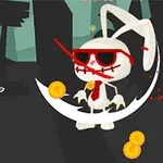 귀여운 캐릭터가 칼을 들고 토끼와 맞서고 있으며, 그 옆에는 동전이 떨어져 있는 모습