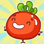 둥근 빨간 토마토 캐릭터가 웃고 있는 모습과 주변에 노란 별들이 흩어져 있는 이미지