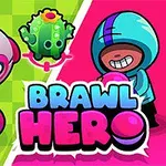 녹색과 분홍색 배경에 후드를 쓴 캐릭터와 버섯, 로봇 공, 선인장이 있으며 BRAWL HERO라는 텍스트가 중앙에 있다