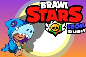 캐릭터가 파란 공룡 잠옷을 입고 웃고 있으며, 위에 BRAWL STARS LEON RUSH라는 텍스트가 있는 이미지