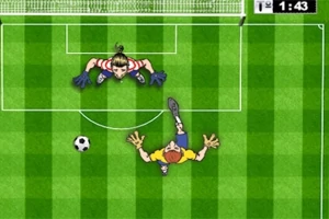 축구 경기장에서 노란색 유니폼을 입은 선수가 공을 차고 있으며, 골키퍼가 골대를 지키고 있는 장면