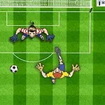 축구 경기장에서 노란색 유니폼을 입은 선수가 공을 차고 있으며, 골키퍼가 골대를 지키고 있는 장면