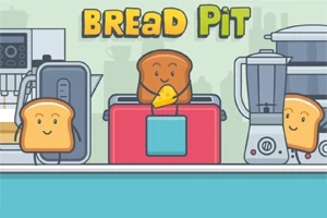 토스트 모양의 캐릭터들이 빨간색 토스터와 주방 기기들 사이에 있는 귀여운 장면