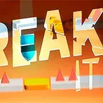 주황색 배경에 BREAK IT라는 글자가 중앙에 강조되어 있으며, 삼각형 모양의 장애물들이 배치되어 있다