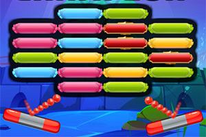 화면에는 다양한 색상의 블록들이 규칙적으로 배열되어 있고, 아래에 빨간색과 은색의 패들이 공을 튀기고 있는 장면이 보여집니다