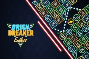 검은 배경 위에 다양한 숫자가 적힌 네온 블록과 BRICK BREAKER Endless라는 텍스트가 있는 이미지