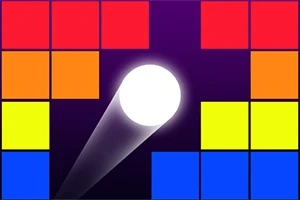 하얀 공이 다양한 색상의 블록들 사이로 날아가는 모습