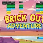 화려한 색상의 벽돌과 하늘색으로 BRICK OUT ADVENTURE라는 문구가 있는 만화 스타일의 풍경 이미지