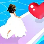 웨딩드레스를 입은 여성이 하트를 향해 다가가는 모습