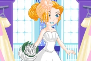 금발 머리를 한 여성이 웨딩 드레스를 입고 꽃다발을 들고 있는 모습