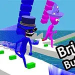 카툰 스타일의 파란색과 분홍색 캐릭터들이 모자를 쓰고 다리를 건너는 장면