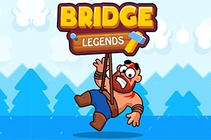 나무 팻말을 잡고 있는 만화 스타일의 근육질 캐릭터와 BRIDGE LEGENDS라는 텍스트