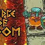 갑옷을 입고 방패와 망치를 든 작은 전사가 표시된 화려한 텍스트와 용암 이미지