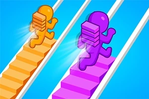 두 개의 캐릭터가 각각 주황색과 보라색 계단을 오르고 있는 모습