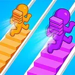 두 개의 캐릭터가 각각 주황색과 보라색 계단을 오르고 있는 모습