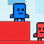 파란색과 빨간색 픽셀 아트 캐릭터가 계단식 빨간 블록 위에 서 있는 모습