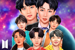 우주를 배경으로 다채로운 옷을 입은 일곱 명의 청년이 모여 있는 그림