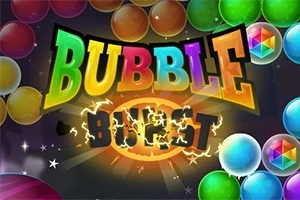 다양한 색상의 공과 BUBBLE BURST라는 텍스트가 중앙에 배치된 이미지