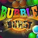 다양한 색상의 공과 BUBBLE BURST라는 텍스트가 중앙에 배치된 이미지