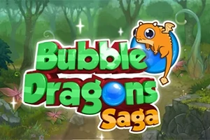 숲 배경에 초록색과 빨간색 글씨 Bubble Dragons Saga와 파란 공을 잡고 있는 귀여운 주황색 용이 있는 이미지