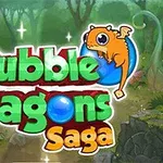 숲 배경에 초록색과 빨간색 글씨 Bubble Dragons Saga와 파란 공을 잡고 있는 귀여운 주황색 용이 있는 이미지