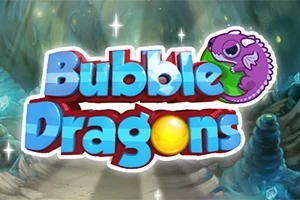 보라색 작은 용과 반짝이는 배경 위에 Bubble Dragons라는 글자가 있는 이미지