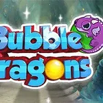 보라색 작은 용과 반짝이는 배경 위에 Bubble Dragons라는 글자가 있는 이미지