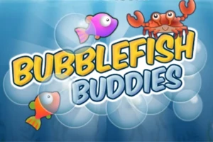 물고기와 게가 있는 푸른 바다 배경에 큰 글자로 BUBBLEFISH BUDDIES가 쓰여져 있습니다