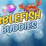 물고기와 게가 있는 푸른 바다 배경에 큰 글자로 BUBBLEFISH BUDDIES가 쓰여져 있습니다