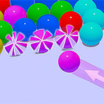 다양한 색상의 공들이 모여 있고, 보라색 공이 화살표와 함께 오른쪽으로 이동하는 모습