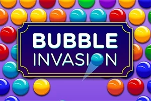 다양한 색상의 구슬들이 배경에 펼쳐지고 중앙에 BUBBLE INVASION 텍스트가 있는 이미지