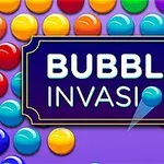 다양한 색상의 구슬들이 배경에 펼쳐지고 중앙에 BUBBLE INVASION 텍스트가 있는 이미지