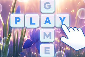 배경에 꽃과 빛이 있는 가운데 단어 PLAY와 GAME이 겹쳐 있고, 손 모양 아이콘이 단어 쪽을 가리키고 있습니다