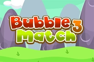 만화 스타일의 산과 초원이 배경인 풍경 위에 Bubble Match 3라는 알록달록한 글자가 있는 이미지