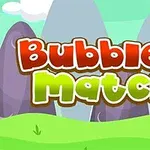만화 스타일의 산과 초원이 배경인 풍경 위에 Bubble Match 3라는 알록달록한 글자가 있는 이미지